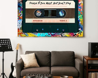 Retro Graffiti Cassette Canvas Wall Art – Street Music Decor, Vintage Tape Print