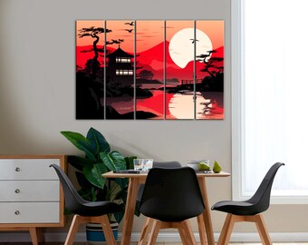 Red Black Japanese Landscape Canvas Print, Japanese Castles