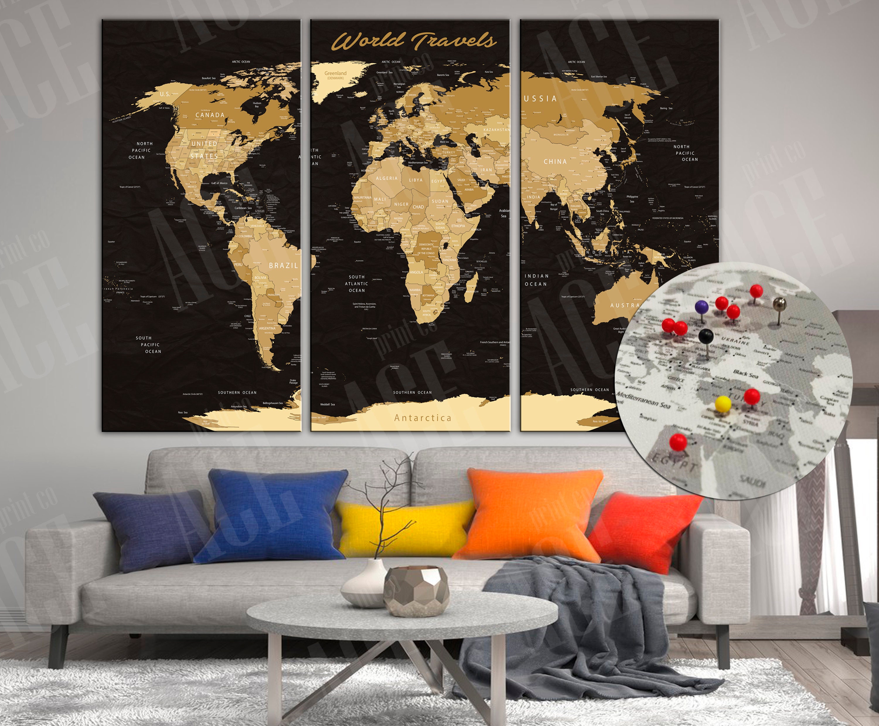 Push Pin World Map Canvas: Travel Tracker Print - Etsy