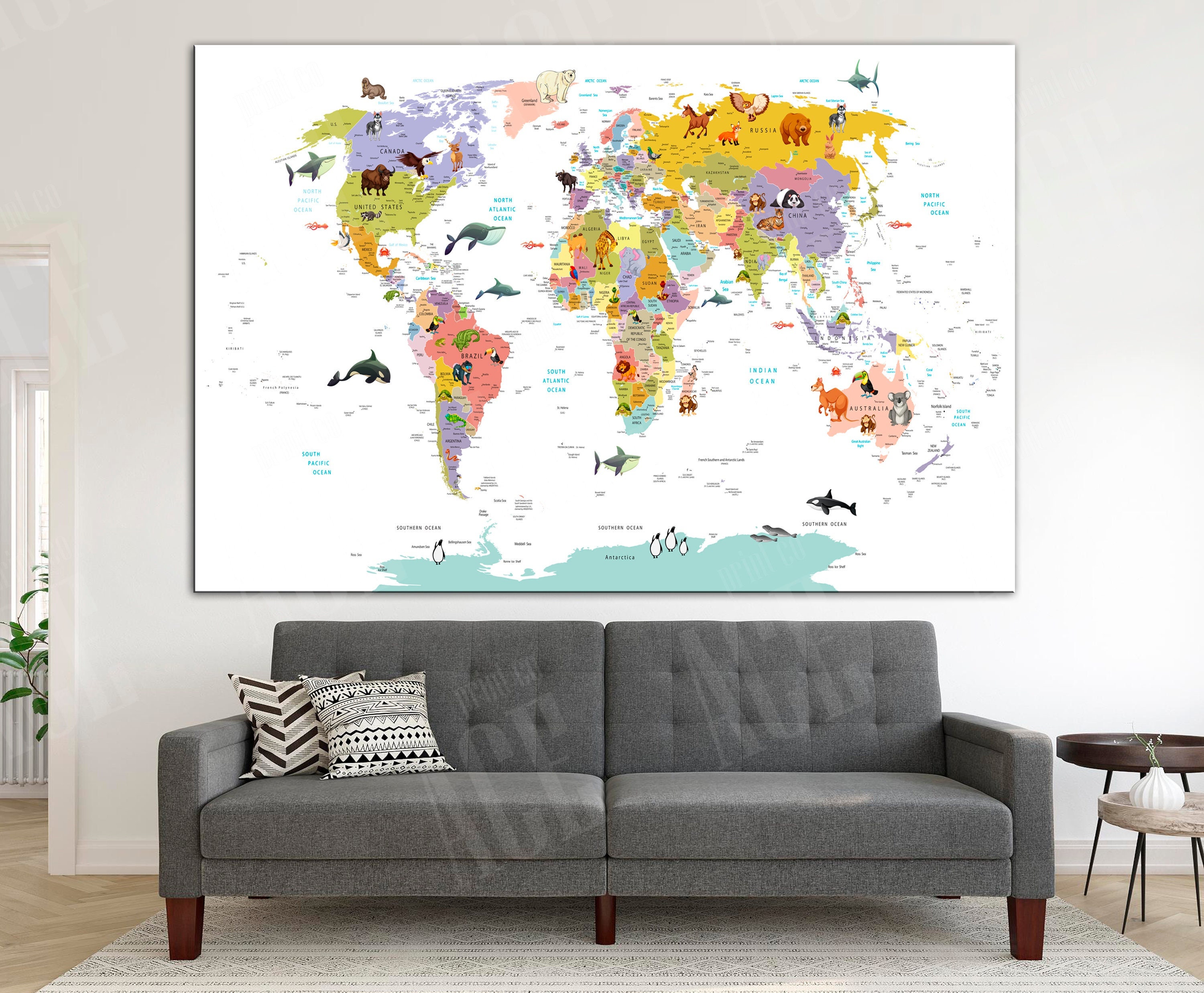 World map Canvas Set of nursery map Kids room canvas Word map canvas