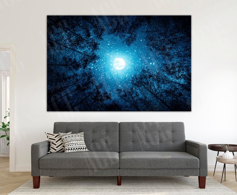 Full Moon Night Forest Print, Tree Tops Canvas, Blue Forest Wall Art - Etsy