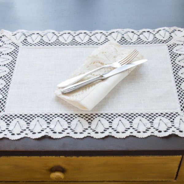 Classic white linen placemat with lace border. Place mat with design, classic style linen placemat. Linen lace