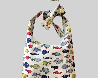 Sac de lin avec modèle de poisson, sac de toile avec zipper, sac en lin naturel, sac en lin imprimé de poisson coloré, sac d’achat avec l’impression de poisson