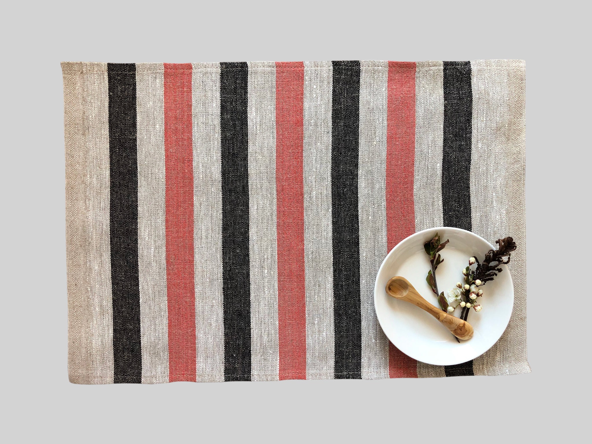 Black Red Natural Striped Placemats, Rustic Linen Placemats, Pure Linen