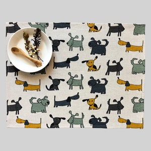 Natural linen placemat with dog pattern print. Dog pattern place mat, nordic style placemat with dog pattern print