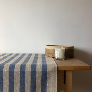 Rustieke Tafelloper, linnen Tafelloper, blauw gestreepte Tafelloper, rustieke linnen Tafelloper, bed gestreepte dikke Tafelloper