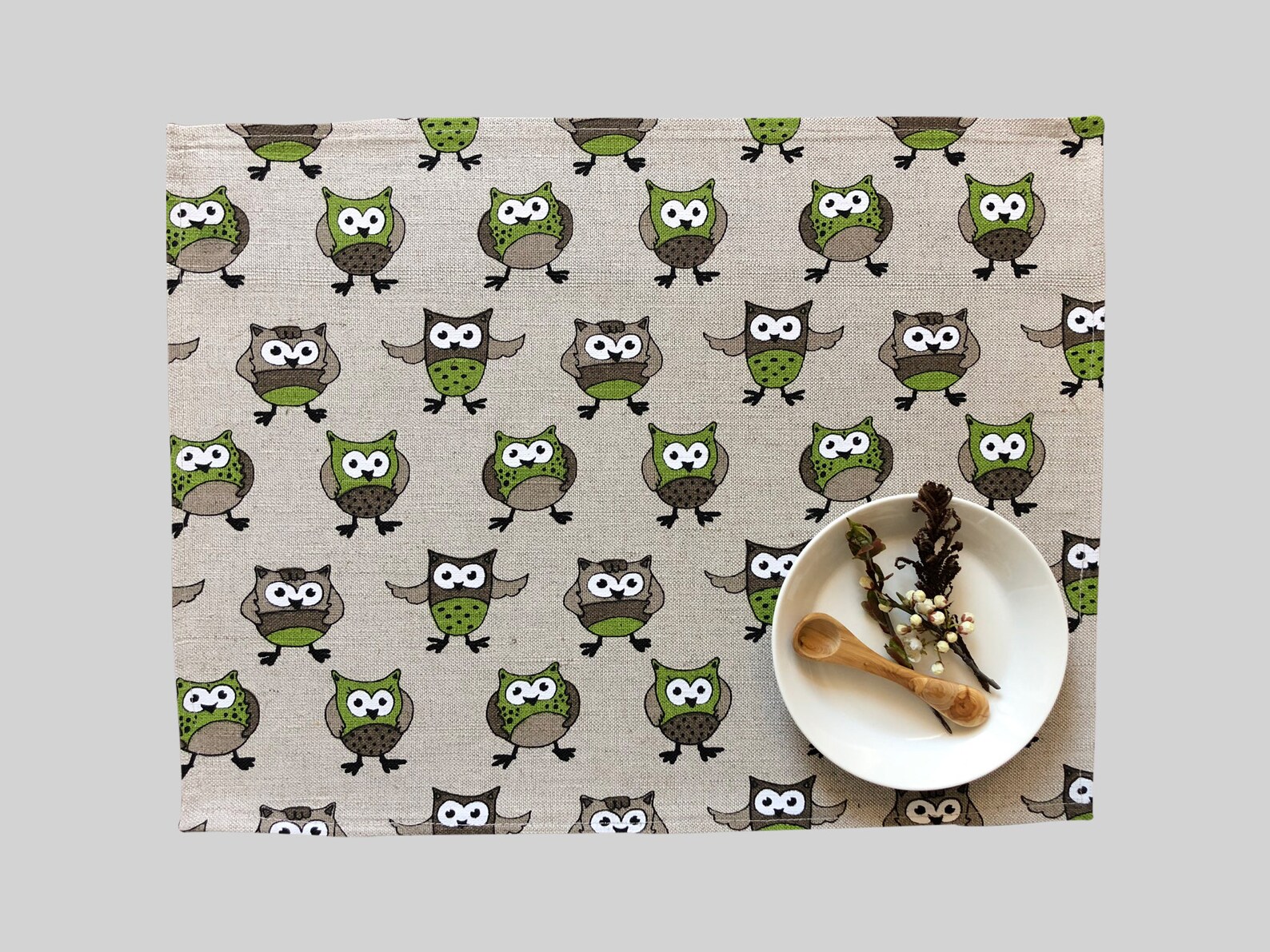 Natural Linen Placemat With Owl Pattern Print. Green Owl Etsy