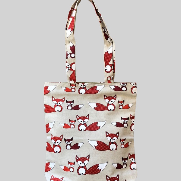 Linen Tote Bag, Red fox print, Tote Bag, Linen Bag, Linen Shopping Bag, Linen Shoulder Bag, Linen Gift, Striped Linen Bag, Foxes print bag