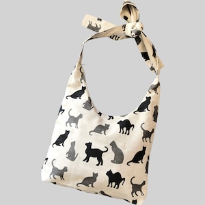 Linnen tas met katten, canvas tas met rits, natuurlijke linnen tas, cat bedrukte linnen tas, boodschappentas met katten