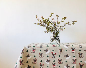 Linen tablecloth-Tablecloth-Table linens-Xmas mice pattern print tablecloth-Organic Linen Tablecloth- Custom length-Handmade tablecloth