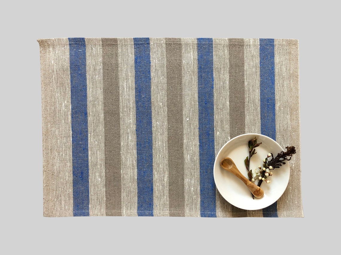 Blue gray natural striped placemats rustic linen placemats Etsy