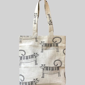 Linen Tote Bag, Cat piano, Tote Bag, Linen Bag, Linen Shopping Bag, Linen Shoulder Bag, Linen Gift, Striped Linen Bag, cats print bag
