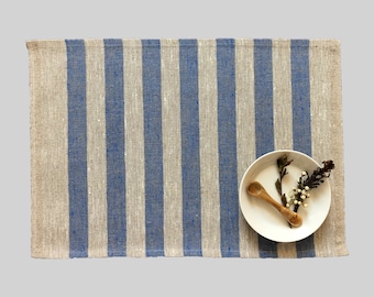 Blue striped linen placemats, rustic linen placemats, pure linen placemats napkins-farmhouse placemats