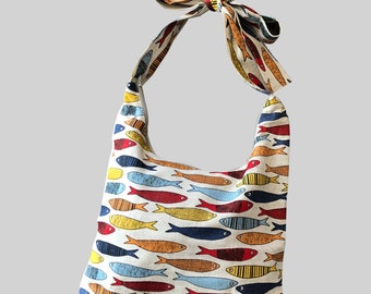 Sac de lin avec modèle de poisson, sac de toile avec zipper, sac en lin naturel, sac en lin imprimé de poisson coloré, sac d’achat avec l’impression de poisson