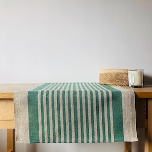 Thin Green Stripes Rustic Linen Table Runner. Linen runner. Natural linen table topper Rustic table runner Natural table decor.