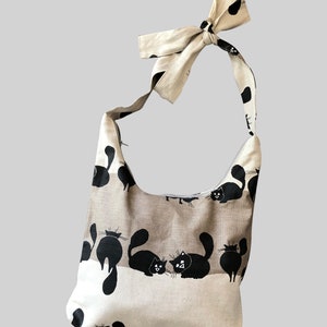 Bolsa de lino con patrón de gato, bolsa de lona con cremallera, bolsa de lino natural, bolsa de lino impresa del gato negro, bolsa de la compra con la impresión de los gatos