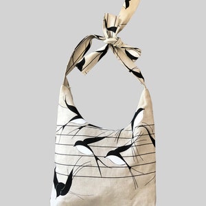 Linnen tas met zwaluw patroon, canvas tas met rits, natuurlijke linnen tas, zwaluwen gedrukte linnen tas, Boodschappentas met zwaluw print