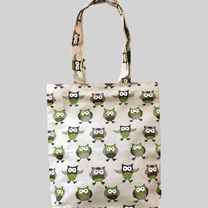 Linen Tote Bag, Green owl, Tote Bag, Linen Bag, Linen Shopping Bag, Linen Shoulder Bag, Linen Gift, Striped Linen Bag, owl print bag