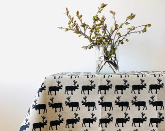 Linen tablecloth-Tablecloth-Table linens-Nordic moose pattern print tablecloth-Organic Linen Tablecloth- Custom length-Handmade tablecloth