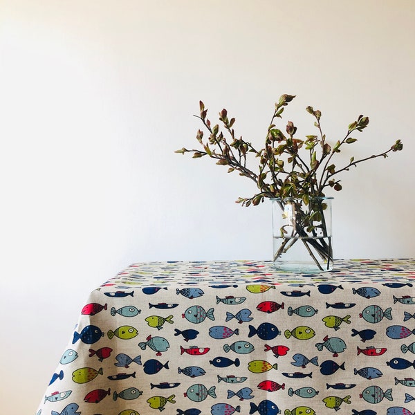 Nappe en lin-Nappe-Tablecloth-Table linge-nordic fish pattern print tablecloth-Organic Linen Tablecloth- Custom length-Handmade tablecloth