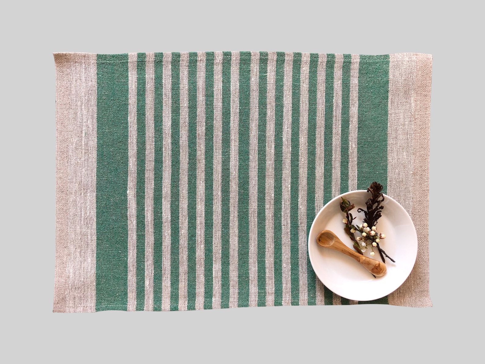 Green Gray Natural Striped Placemats, Rustic Linen Placemats, Pure