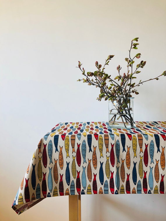 Linen tablecloth-Tablecloth-Table linens-Fish pattern print tablecloth-Organic Linen Tablecloth- Custom length-Handmade linen tablecloth