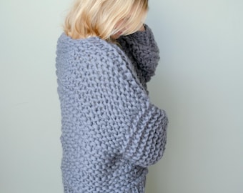 Handmade Chunky Knit Wool Cardigan: Oversized Steel Sweater