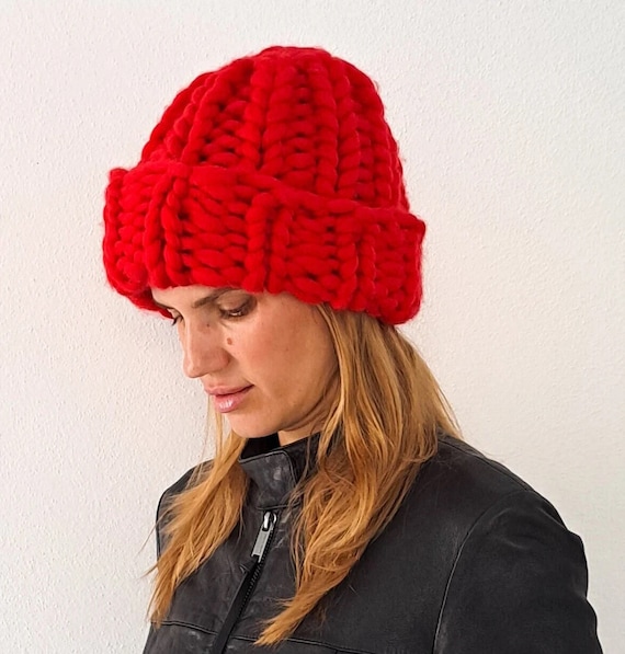Scarlet Red Merino Wool Super Chunky Knit Beanie - Etsy display picture 1