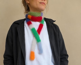 Mohair Silk Mini Scarf: Skinny Multicolored Striped Neck Scarf