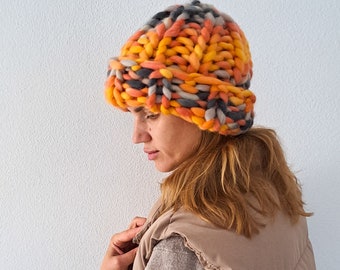 Women Chunky Knit Beanie, Rainbow Wool Winter Knit Hat