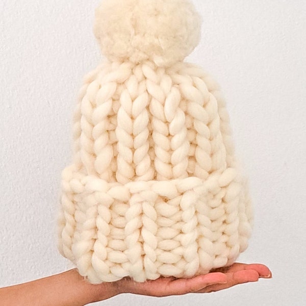 Women Chunky Knit Beanie Pom Pom Hat, Wool Winter Knit Hat