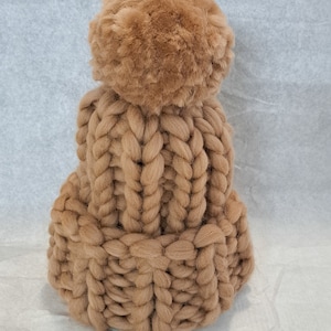 Peut inclure: Un bonnet en tricot marron avec un pompon moelleux sur le dessus. Le bonnet est fait de laine épaisse et a une texture tricotée épaisse.