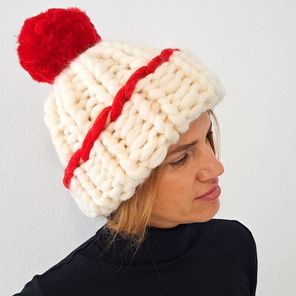 Chunky Knit Beanie with Pom Pom, Knit Hat with Pom Pom