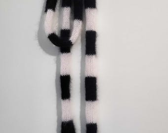 Skinny Mohair Silk Scarf: Black and White Stripes, Lightweight Knit