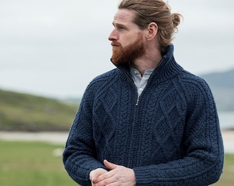 Navy Unisex Aran Handknit Sweater | Hand Knit Aran Zip Cardigan | Irish Sweater For Men & Women | Cable Knit Sweater | Full Zip Aran Jumper