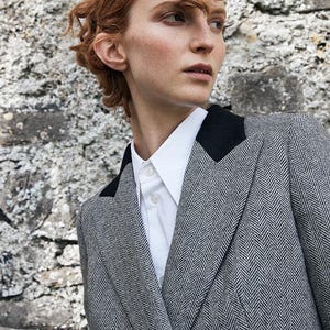 Grey Herringbone Clodagh Double Breasted Tweed Jacket