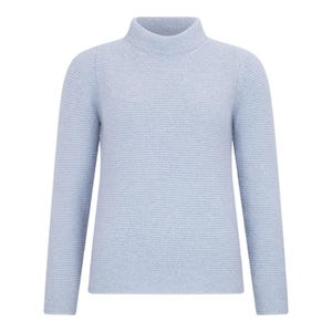 Puede incluir: Un suéter de punto azul claro con cuello alto.