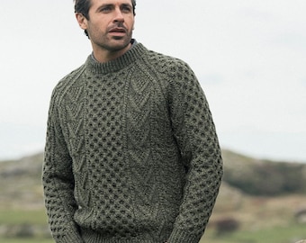 Green Unisex Hand Knit Crew Neck Sweater