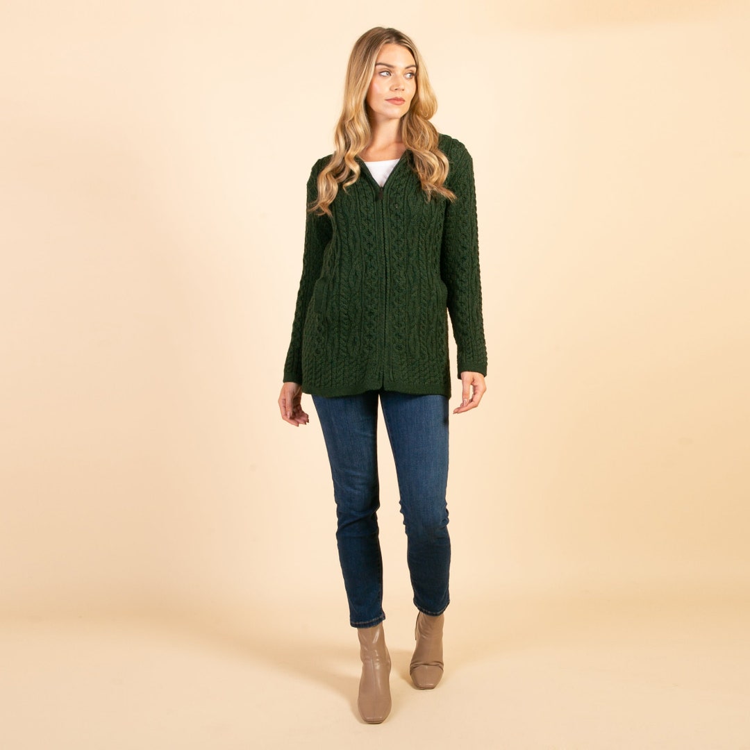 Dark Green Hooded Cardigan Merino Wool Sweater Aran Knit Etsy UK