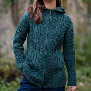 Green Siobhan Hooded Zip Aran Cardigan