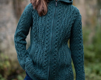 Green Siobhan Hooded Zip Aran Cardigan