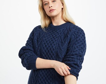 Navy Hand Knit Unisex Crew Neck Aran Sweater