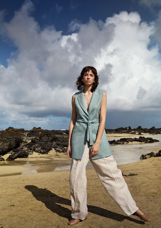 Ocean Blue Lily Longline Sleeveless Tweed Blazer