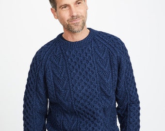 Navy Unisex Hand Knit Crew Neck Aran Sweater