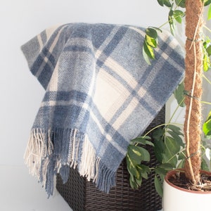 Puede incluir: Una manta a cuadros azul y crema con flecos. La manta está sobre una cesta de mimbre marrón oscuro. El patrón de cuadros presenta cuadrados azules claros y oscuros y cuadrados color crema. Los flecos son de color crema.