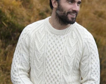 Natural Unisexe Tricot à la Main Crew Neck Aran Pull