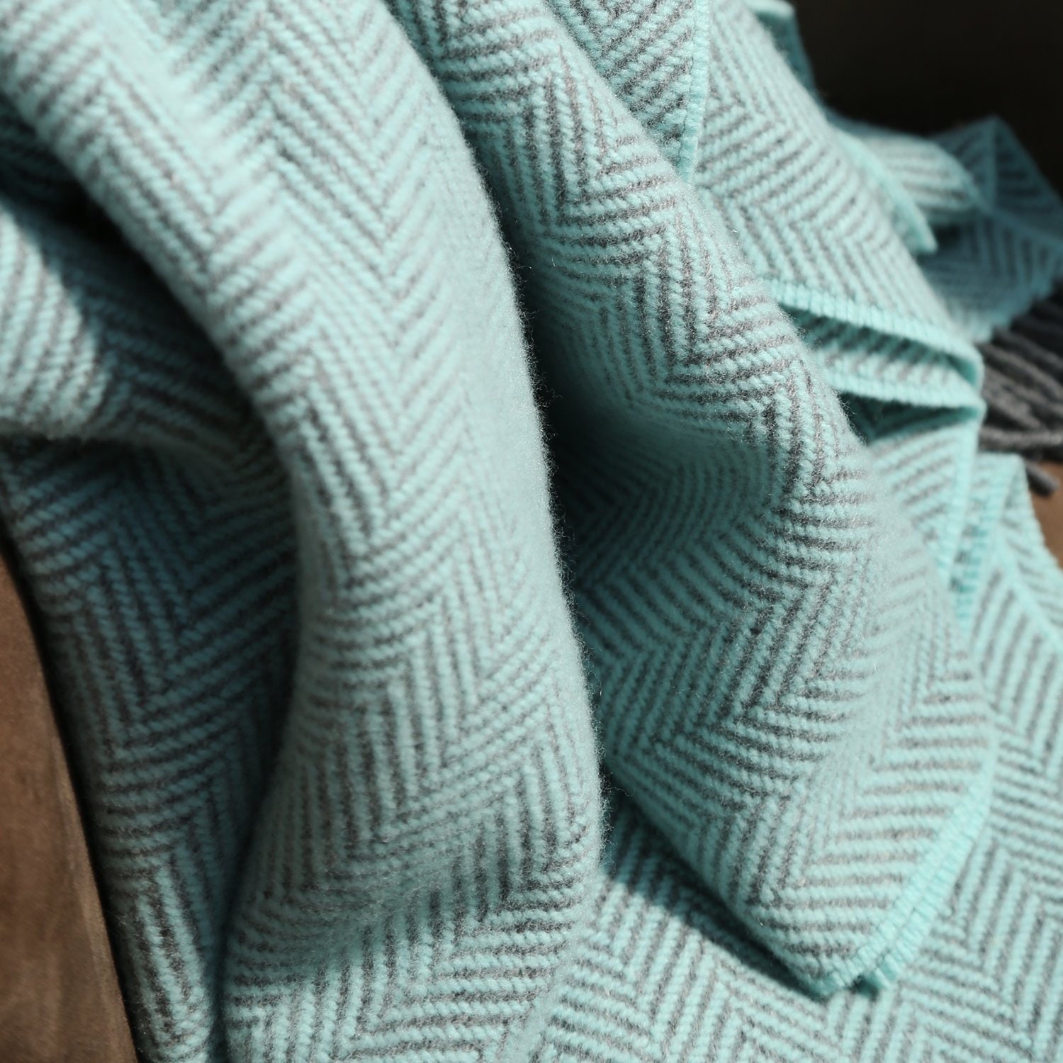 Merino & Cashmere Blanket Aqua Grey Herringbone | Etsy