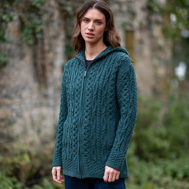 Green Siobhan Hooded Zip Aran Cardigan