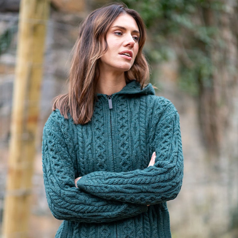 Green Siobhan Hooded Zip Aran Cardigan