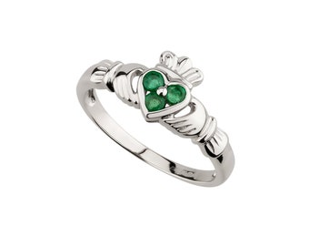 Emerald Claddagh Ring | White Gold Claddagh Ring | Irish Claddagh Ring | Ladies Claddagh Ring | Green Emerald Ring | Promise Ring | Solvar